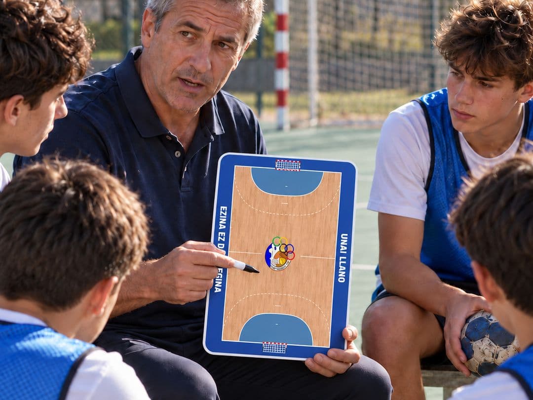 Un entrenador de balonmano explica una jugada con la pizarra a sus jugadores en la pista