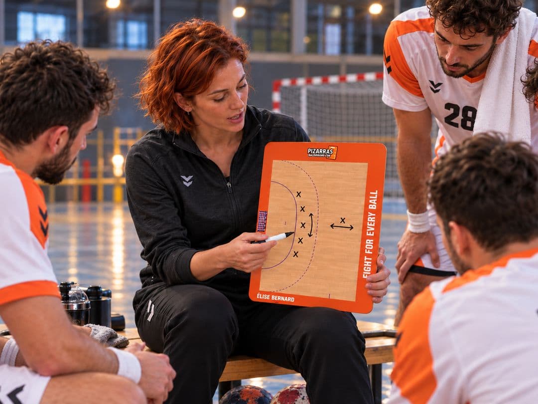 Una entrenadora de balonmano explica una jugada con la pizarra a su equipo en el banquillo