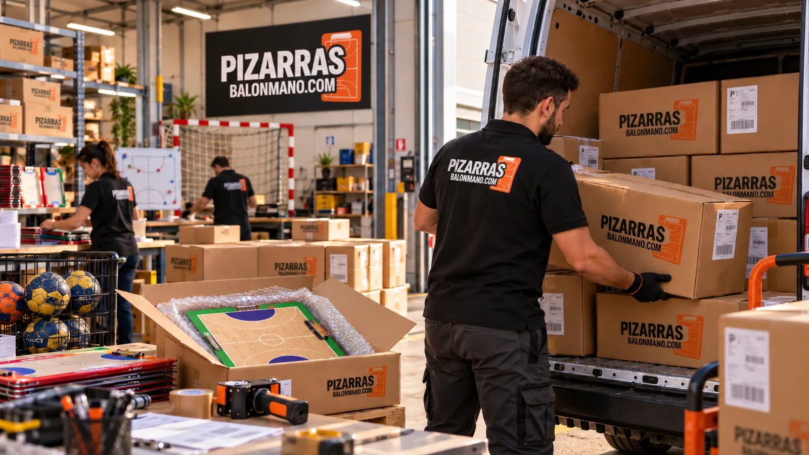 Almacén de pizarras de balonmano y carga de cajas para el envío
