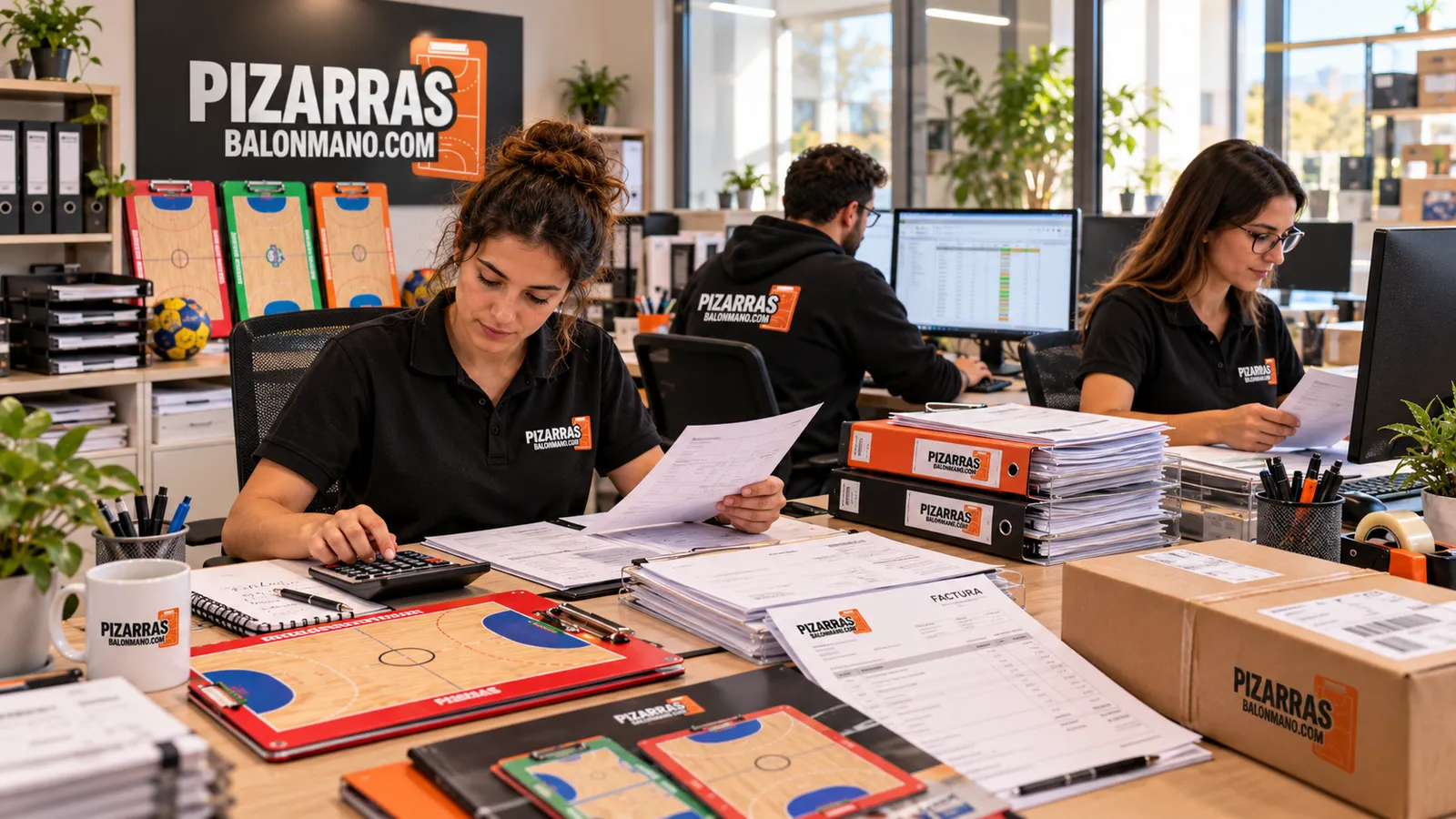 Oficina del taller gestionando pedidos y facturas de pizarras de balonmano