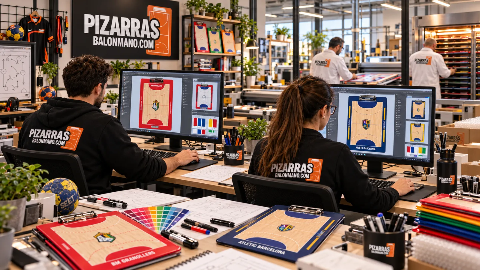 Diseñadores preparando pizarras de balonmano personalizadas en pantalla