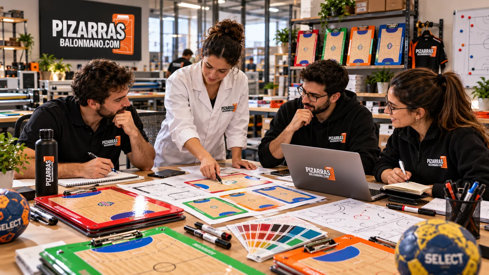 Reunión de diseño con pizarras de balonmano y cartas de color sobre la mesa