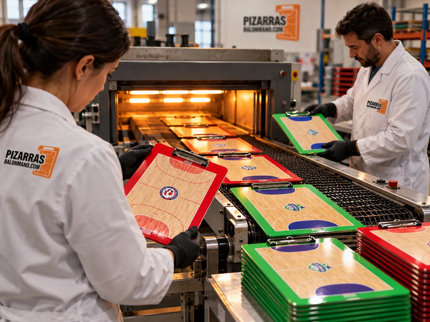 Pizarras de balonmano saliendo del horno de fabricación