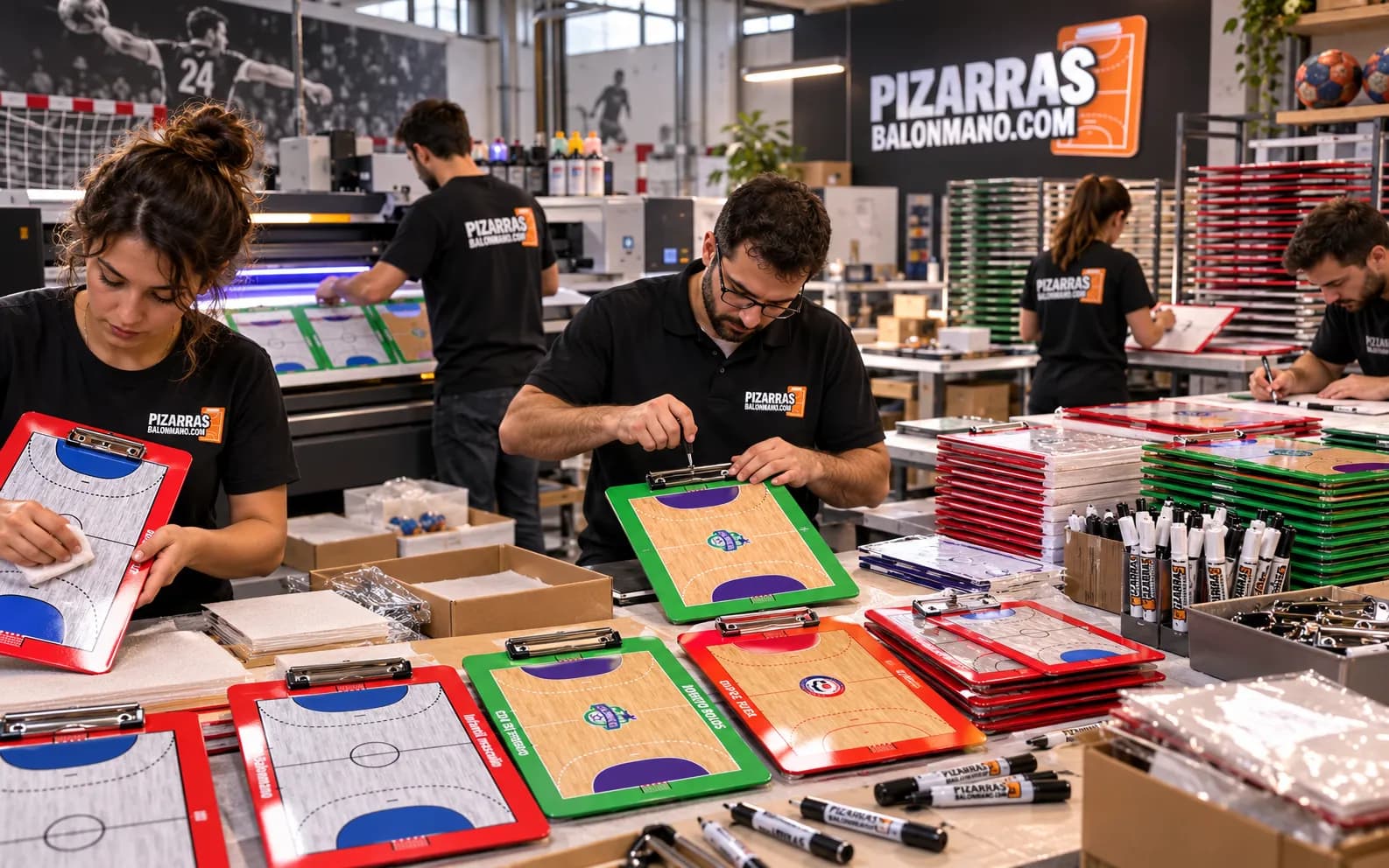 Equipo del taller revisando pizarras de balonmano terminadas