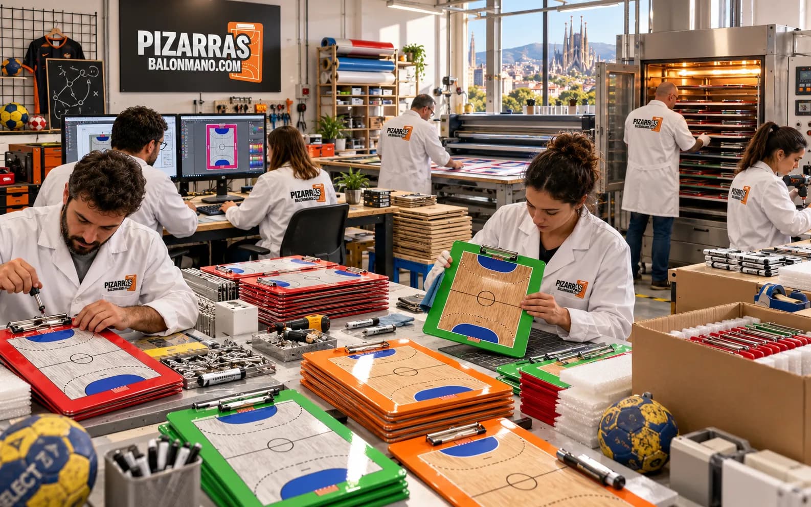 Taller de pizarras de balonmano, con pizarras de colores sobre las mesas