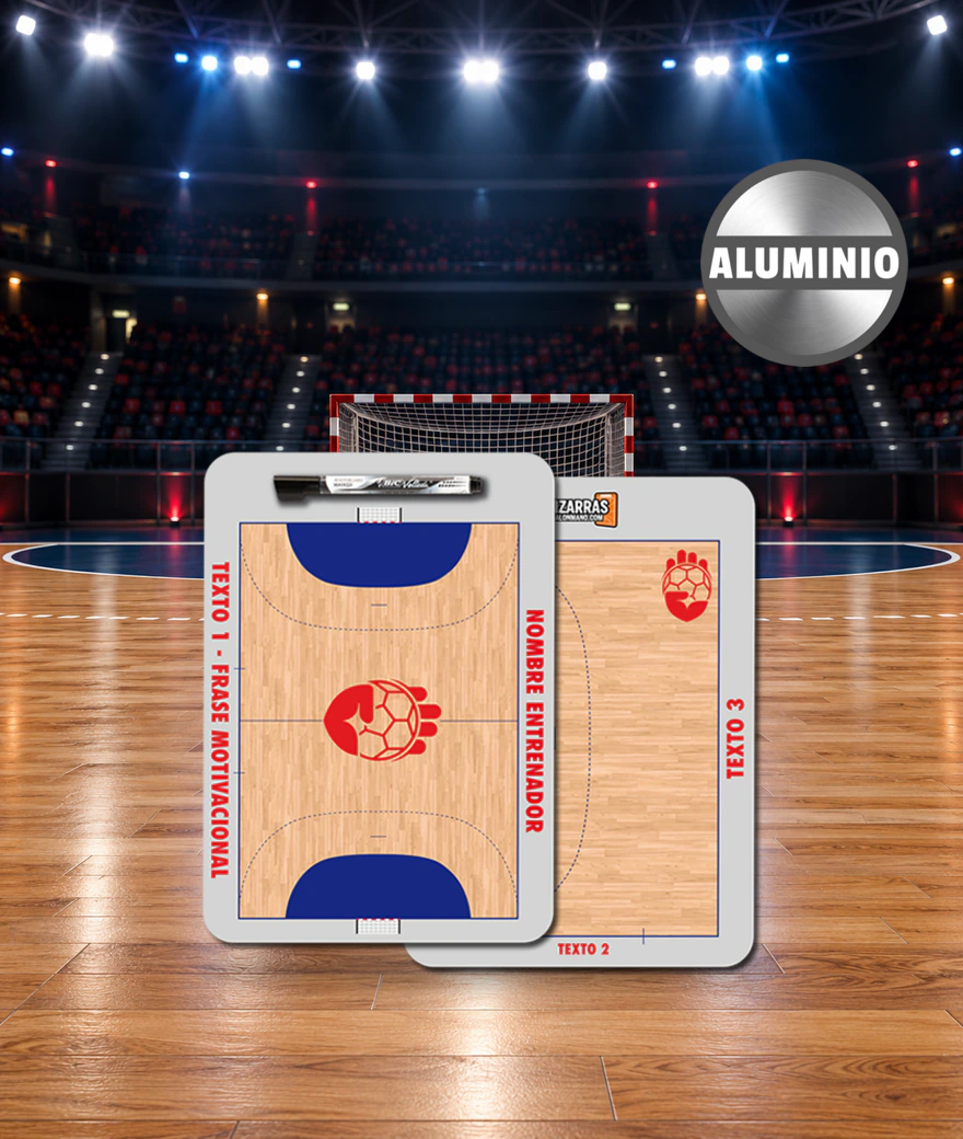 Pizarra táctica de balonmano Casual Aluminio, por delante y por detrás, sobre la pista de un pabellón