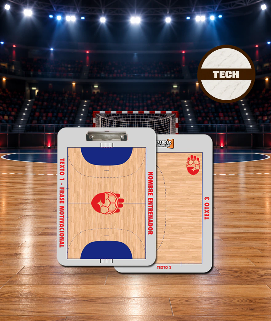 Pizarra táctica de balonmano Casual Tech, por delante y por detrás, sobre la pista de un pabellón