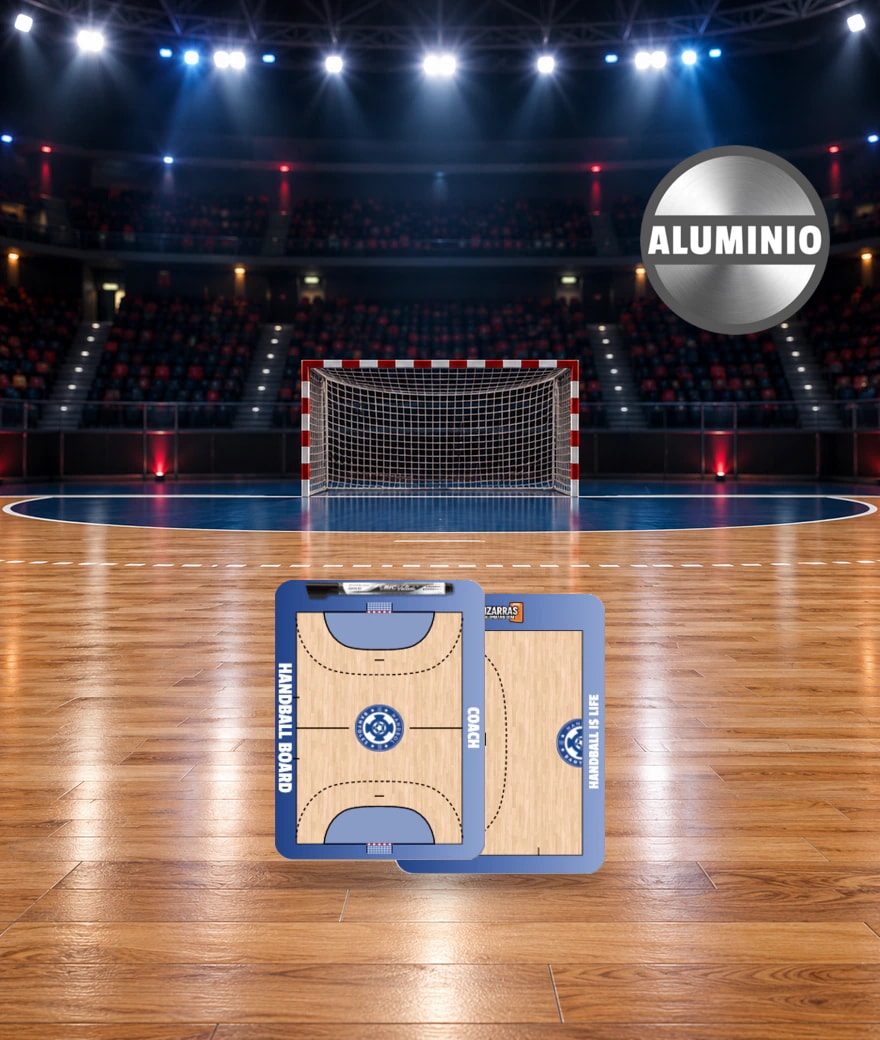 Pizarra táctica de balonmano Pocket Aluminio, por delante y por detrás, sobre la pista de un pabellón