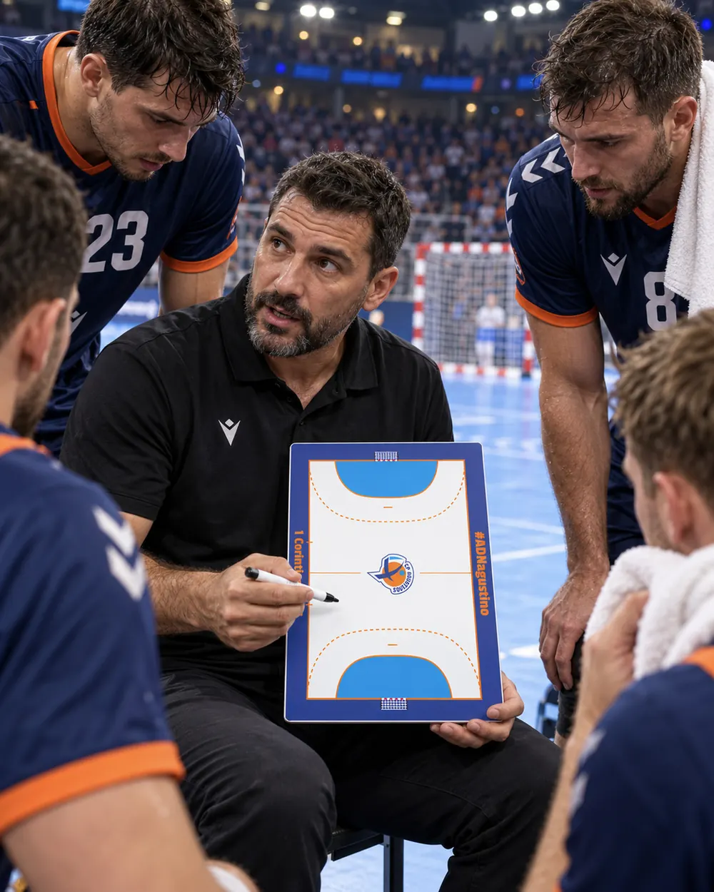 Un entrenador de balonmano señala una jugada en la pizarra durante el entrenamiento