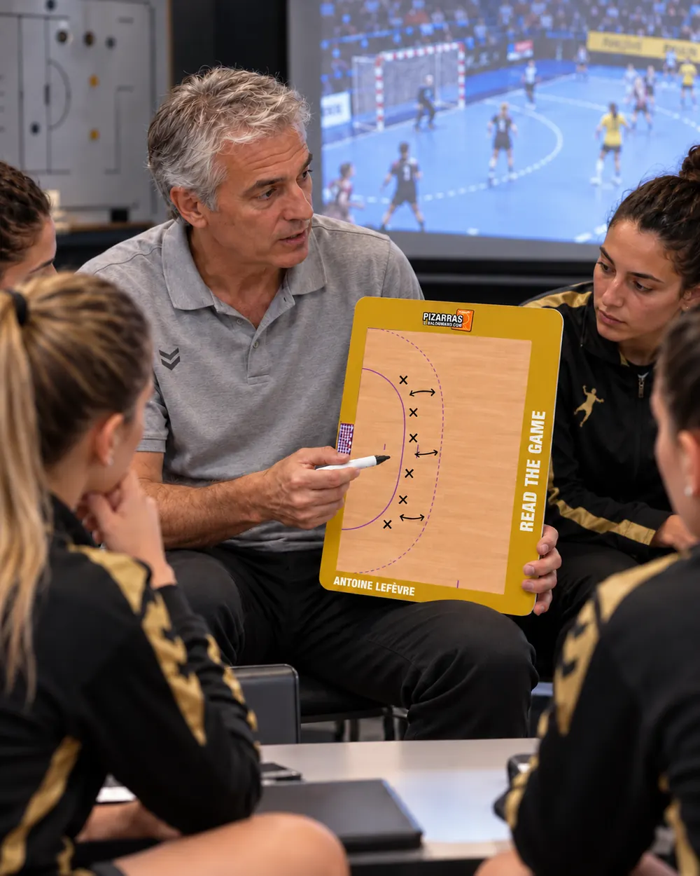 Un entrenador de balonmano explica una jugada con la pizarra a sus jugadoras frente a la pantalla de vídeo